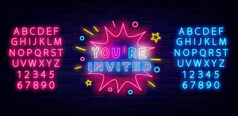 You are invited neon signboard. Glowing advertising. Welcome badge. Vector stock illustration © Anastasia Gapeeva