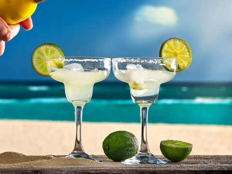The photo shows a Margarita cocktail in a salted glass, served on the beach. The bright green drink with a lime tint is garnished with a slice of lime. The gentle waves and sand 