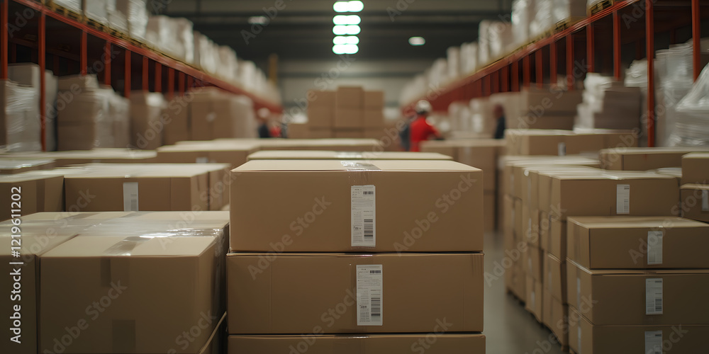 Poster rows of cardboard boxes fill a large warehouse. workers are visible in the background, suggesting a 