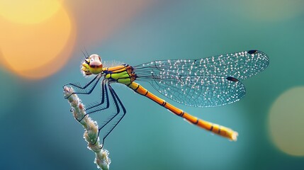 A vibrant damselfly perched on a stick surrounded by misty morning air