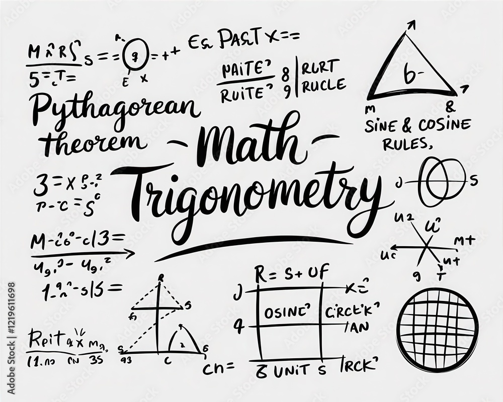 Poster mathematics equations, trigonometry, geometry and pythagorean theorem