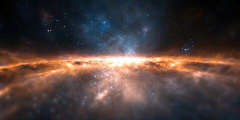 Obraz premium Vast galactic view featuring a luminous cosmic horizon in a starry universe