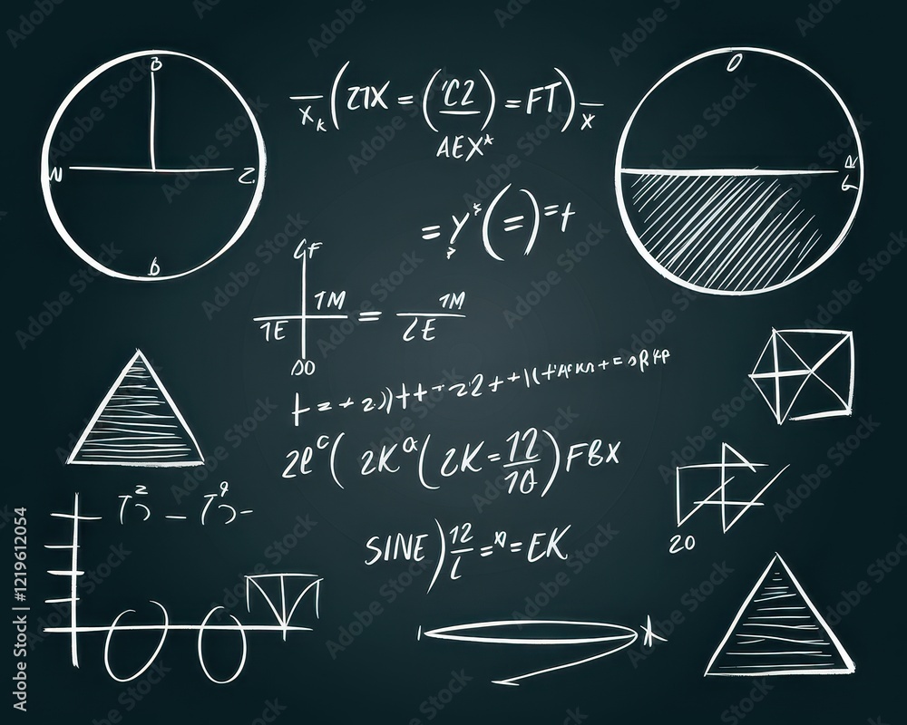 Poster handwritten mathematical formulas and geometric shapes on a dark background