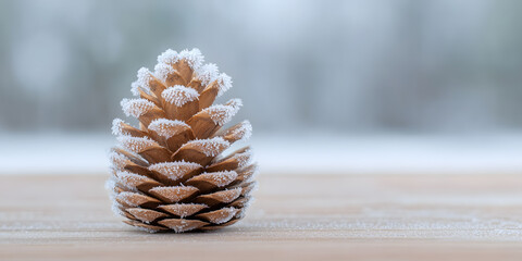 A frost-covered pine cone rests on a wooden surface, a serene winter scene. The delicate frost crystals highlight the cone's intricate details against a softly blurred background.