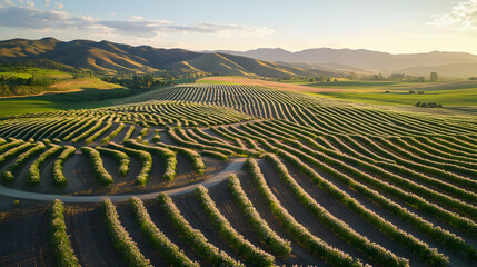 Obraz premium Serene Aerial View of Cultivated Farmland at Sunset