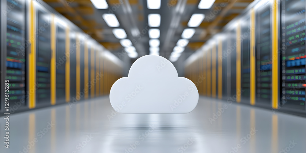 Poster cloud computing symbol in a modern server room. data storage, network infrastructure, and digital te