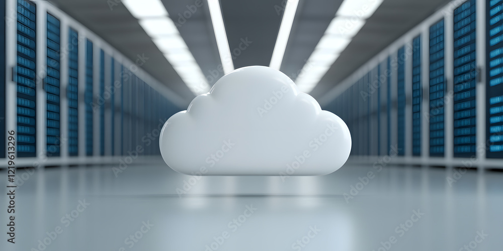 Poster cloud computing data center. a white cloud icon floats in a server room, symbolizing data storage an