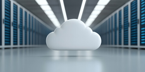 Cloud computing data center.  A white cloud icon floats in a server room, symbolizing data storage and cloud services.