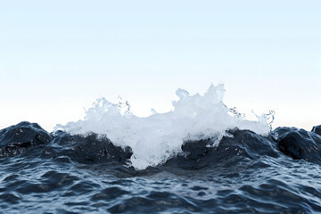 A stunning view of waves crashing into the ocean, creating a beautiful splash against a serene blue backdrop. This image captures the essence of nature's power and tranquility.