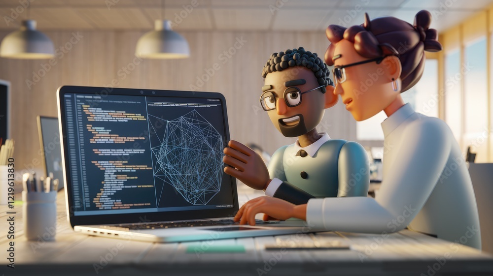 Poster Two cartoon characters collaborate on a coding project, reviewing code and a data visualization on a laptop screen.