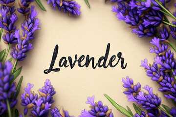 Fototapeta premium Lavender flowers arranged beautifully with elegant handwritten text on a soft background for a serene atmosphere. Lavender sketch frame illustration, text Lavender