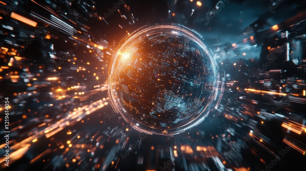 Poster futuristic planet earth is rotating in hyperspace with orange and blue light trails and particles, c