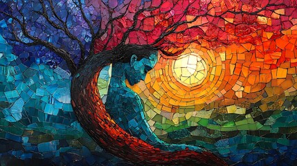 A vibrant depiction of a patient's healing as a colorful mosaic being pieced together