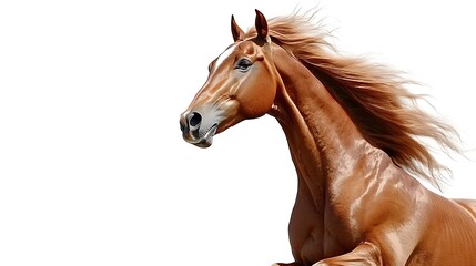 Fototapeta premium Chestnut horse with flowing mane, isolated on white.