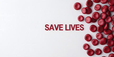 Donate blood, save lives.  Red blood cells on a white background with the message 'SAVE LIVES'.