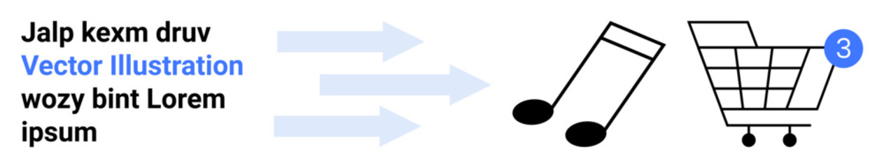 Text elements and blue arrows leading to musical notes and a shopping cart with a notification icon. Ideal for e-commerce, music, process visualization, notifications, shopping journey, icons