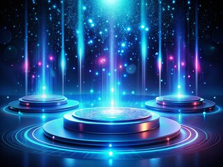 Vintage Sci-Fi Hologram Platforms: Futuristic Product Display with Blue Neon Lights