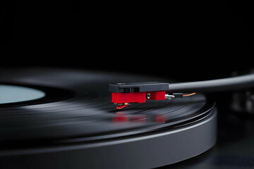 A close-up view of a vinyl record player with a stylus gently gliding over the spinning record, capturing the rich texture and nostalgic feel of analog music experience.