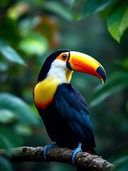 Naklejka premium Colorful channel-billed toucan perching gracefully on a branch in a lush rainforest, displaying vibrant plumage and a strikingly large orange beak amidst the green foliage