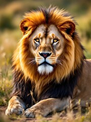 Obraz premium A powerful male lion with a thick mane lying on the ground, displaying its regal presence and observing its territory in the golden light of the African savanna