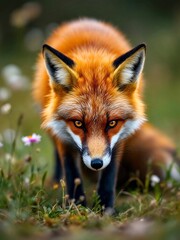 Fototapeta premium Red fox with striking orange eyes and dark legs prowling through a vibrant meadow, surrounded by colorful wildflowers and lush green grass, embodying the essence of wilderness