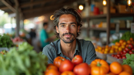 A male market seller behind a counter with fresh vegetables