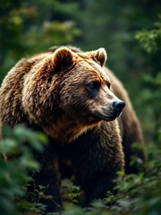 Obraz premium Large brown bear standing majestically in a lush green forest, fur glistening under dappled sunlight while observing the serene surroundings with an alert demeanor