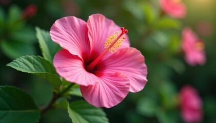 Naklejka premium Large pink petals unfolding from green stem on hibiscus bush, hibiscus, bush