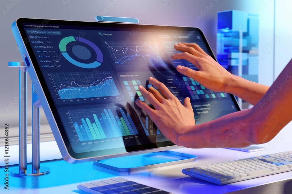 Fototapete Person interacts with a large screen displaying various charts and graphs, analyzing data.