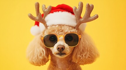 Fototapeta premium Cute poodle dog in Santa hat and reindeer antlers.