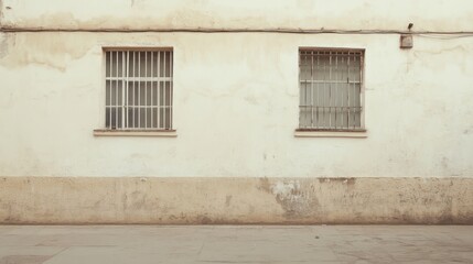 Weathered building exterior with two barred windows.