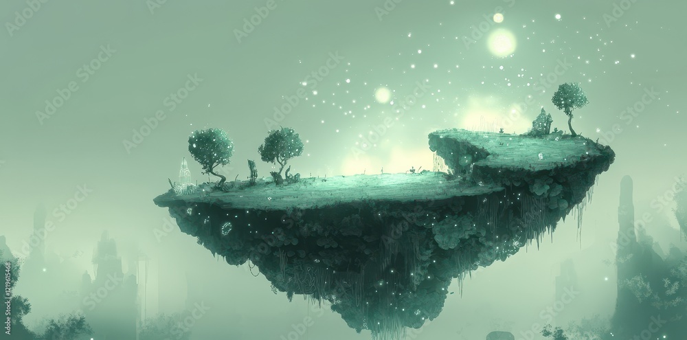 Poster floating island ethereal landscape with trees and structures