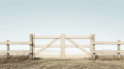 Wooden gate in a field, leading to hazy hills.