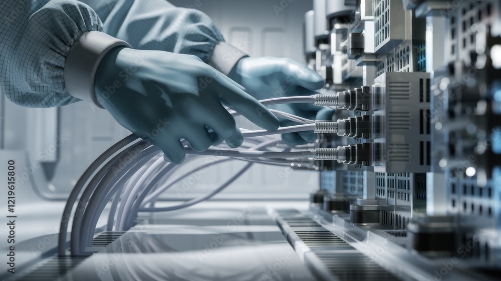 Poster gloved hands carefully connect cables to a complex server rack in a cleanroom environment.
