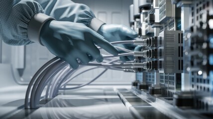 Fototapeta premium Gloved hands carefully connect cables to a complex server rack in a cleanroom environment.