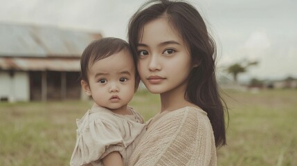 Obraz premium Young woman holding baby, outdoors.