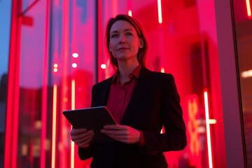 Standing confidently in front of a modern, glass-fronted business building, the businesswoman holds a digital tablet with an air of focus and grace.  