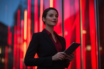 Fototapeta premium Standing confidently in front of a modern, glass-fronted business building, the businesswoman holds a digital tablet with an air of focus and grace. 