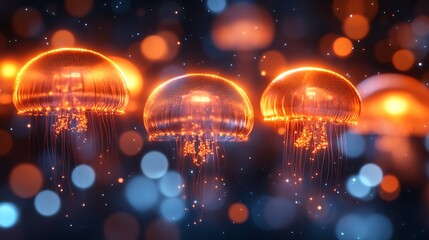 Luminous Orange Jellyfish Swim Through Glowing Waters