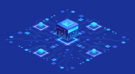 Blue themed illustration of a data center. Isometric view of multiple servers and connected devices. Perfect for articles about data storage, networking, and cybersecurity.