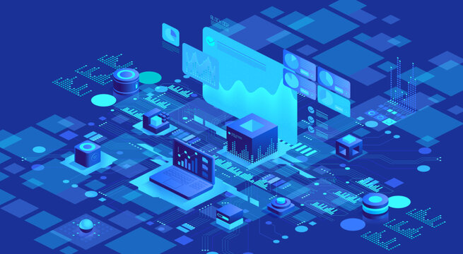 Blue themed illustration of a data center. Isometric view of multiple servers and connected devices. Perfect for articles about data storage, networking, and cybersecurity.