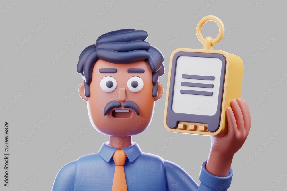 Poster A 3D cartoon man with a surprised expression holds a device with three lines, possibly a notepad or checklist.
