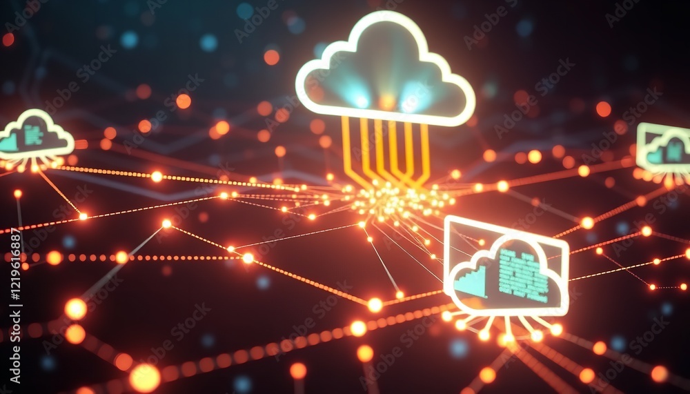 Poster abstract digital cloud network technology data server global internet connection futuristic orange g