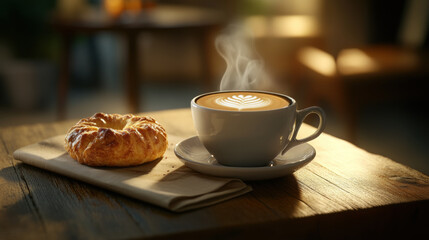 Close-up of a steaming cup of coffee with latte art, accompanied by a pastry on a wooden table, capturing the essence of caf culture and food photography