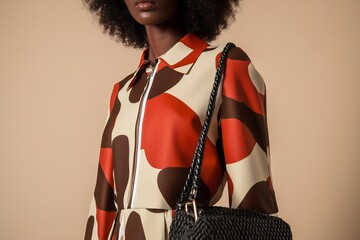 a black woman wearing modern outfit featuring a graphic print mini dress in a palette of rich brown, cream, and rust tones. The dress is styled with a collared neckline