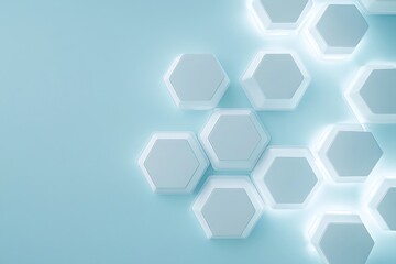 Glowing hexagons and a light blue background for a healthcare technology display