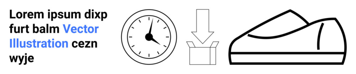Clock, downward arrow into a box, and shoe design highlight punctuality, shipping, and everyday comfort. Ideal for shipping services, logistics, efficiency, time management, e-commerce, organization