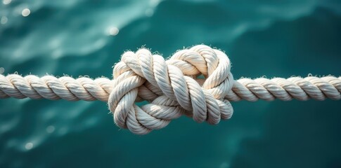Fototapeta premium Intertwined white ship ropes secured with a reef knot , design, texture
