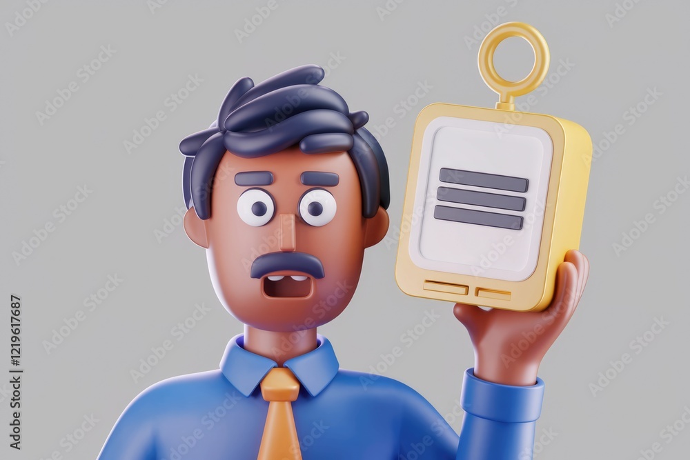 Poster a 3d cartoon man looks surprised while holding a golden device with a blank screen.