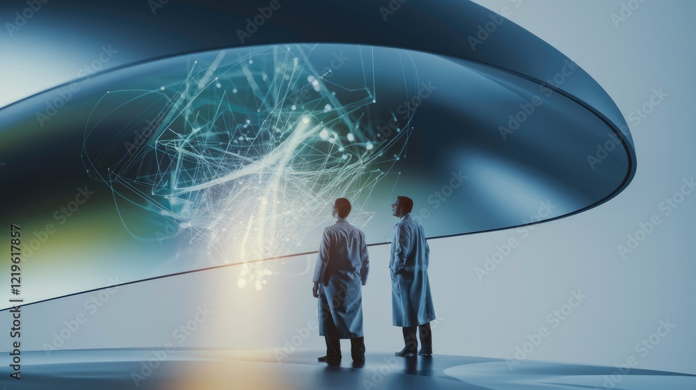 Aufkleber Two scientists observe a complex network displayed on a futuristic screen, exploring data connections.